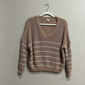 Debut Women’s Cropped Knit Sweater Long Sleeve Striped V Neck Size Small Blush